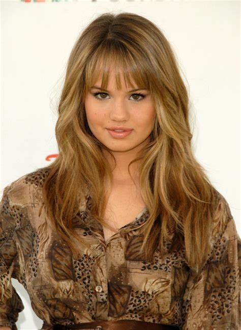 Thinner hair works well with thin bangs. Debby Ryan | Long soft brown hair with layers and thin and ...
