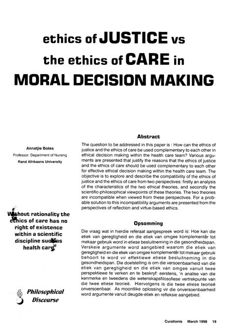 Pdf Ethics Of Justice Vs The Ethics Of Care In Moral Decision Making