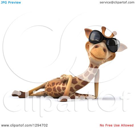 Clipart Of A 3d Giraffe Wearing Sunglasses And Resting On His Side Royalty Free Vector