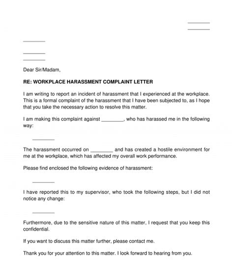 Letter To Report Workplace Harassment Sample Template