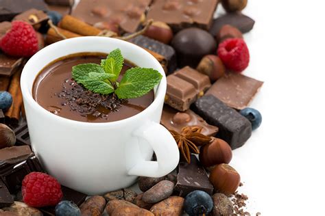 Картинка Шоколад Горячий шоколад Малина Еда Чашка Орехи белом фоне
