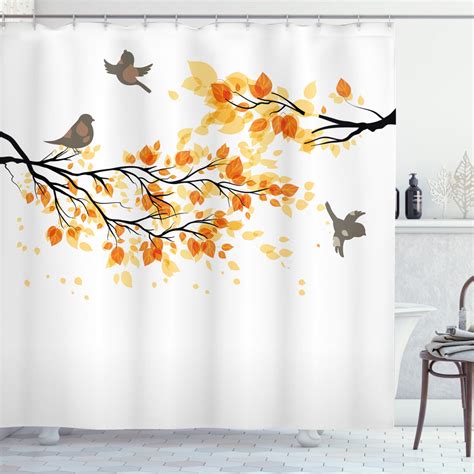 Fall Shower Curtain Branch With Pale Fall Leaves And Birds Natural Change In Season Summertime