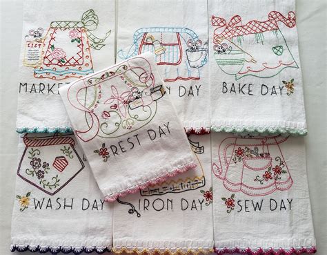 Hand Embroidered Flour Sack Towels Tea Towels Dish Towels 7 Days Of