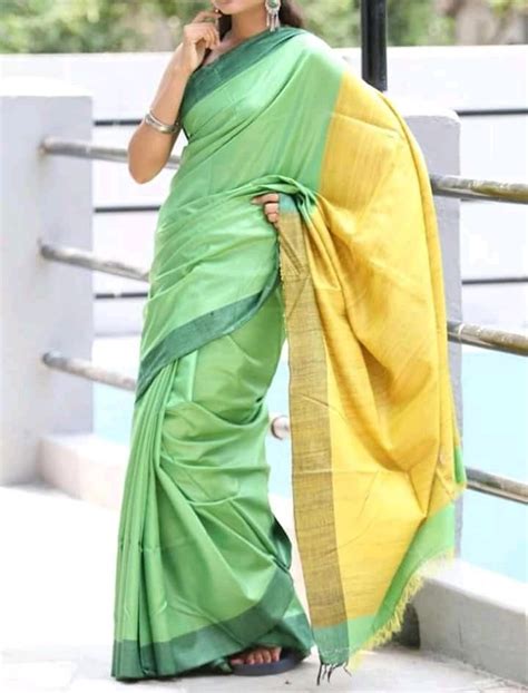 Handwoven Pure Tussar Silk Saree With Ghicha Pallu In Green And Yellow Color Silk Fabric Dress