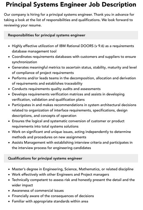 Principal Systems Engineer Job Description Velvet Jobs