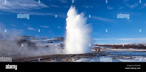 Erupting Spring Strokkur Fountain Geyser At Geysir Geothermal Area A