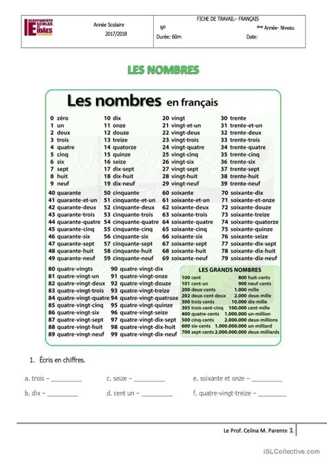 Fiche sur les nombres Français FLE fiches pedagogiques pdf doc