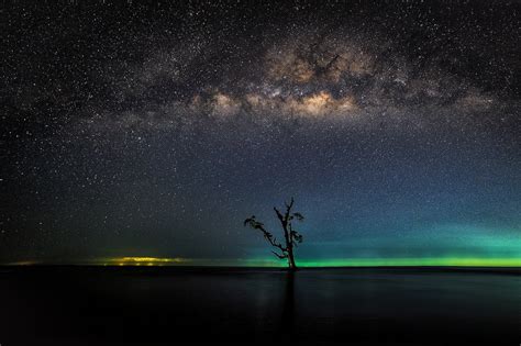 Wallpaper Trees Sea Night Stars Milky Way Atmosphere Spiral