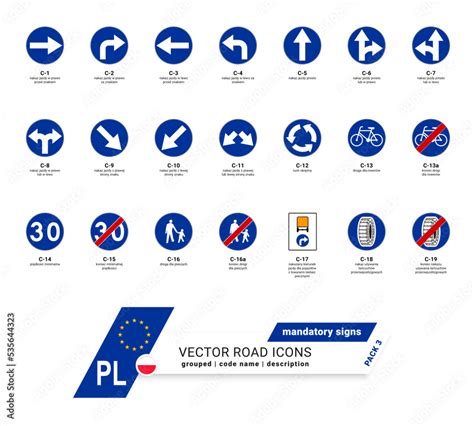 Plakat w ramie Polskie znaki drogowe nakazu wektor svg z nazwą oraz