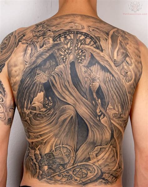 Grim Reaper Grey Ink Tattoo On Back