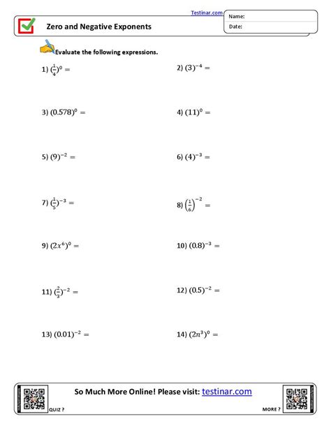 Zero And Negative Exponents Worksheets