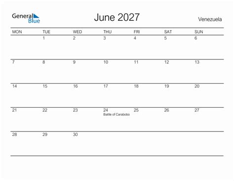 Printable June 2027 Monthly Calendar With Holidays For Venezuela