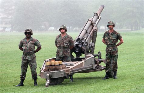 Members Of The 110th Forward Artillery Stand At Attention Next To An