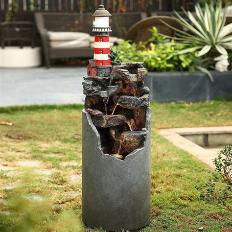 Resincement Lighthouse Outdoor Fountain With Led Lights