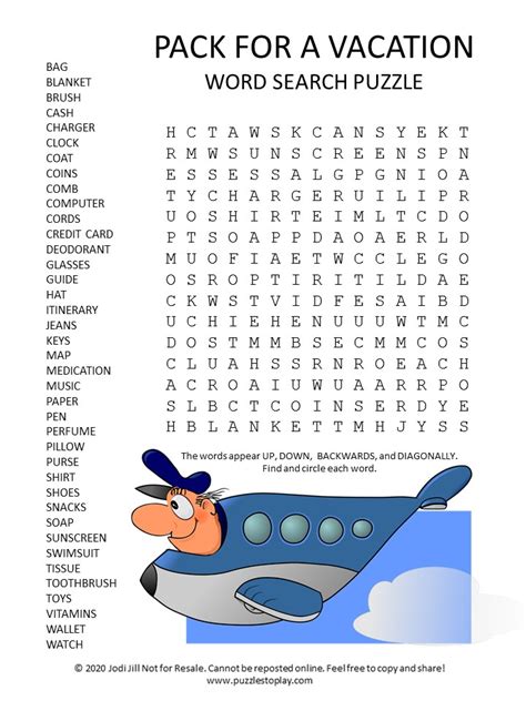 Vacation Packing Word Search Puzzle Puzzles To Play