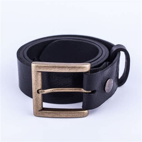 Mens Black Leather Jeans Belt With Brushed Brass Buckle Hip And Waisted