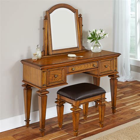 Buy products such as tribesigns vanity set with round lighted mirror, wood makeup vanity dressing table dresser desk with 2 drawers and. Home Styles Americana Vanity and Mirror - Oak - Bedroom ...