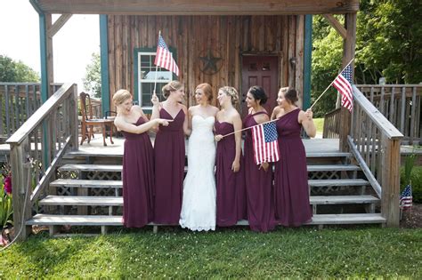 Fall and autumn wedding dresses and gowns. July 4th wedding, American themed wedding, maroon, flags ...