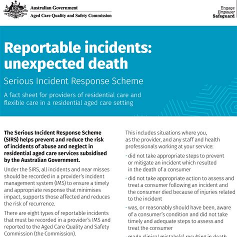SIRS unexpected death fact sheet thumbnail | Aged Care Quality and
