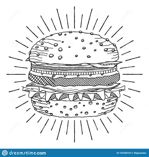 Hamburger Cheeseburger Black And White Illustration Drawing Stock