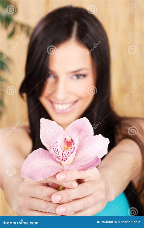 Happy Woman Holding Rose Orchid Stock Image Image Of Brunette