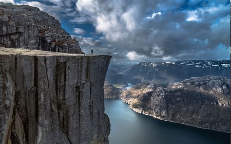 Nature Landscape Fjord Alone Cliff Mountain Norway Preikestolen Sea