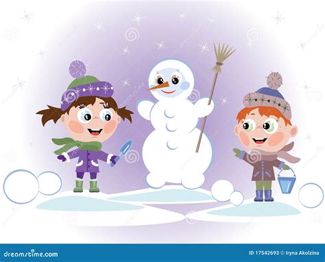 Crianças Com Boneco De Neve Ilustração Do Vetor Ilustração De