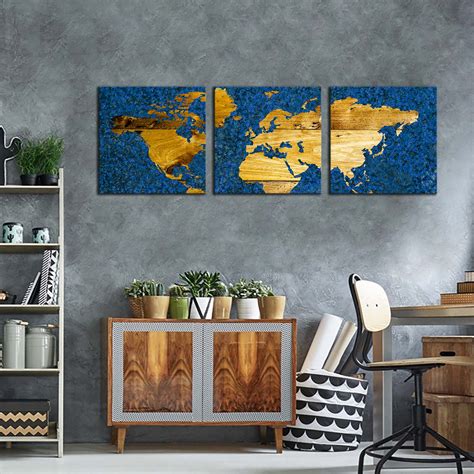 World Map Canvas Wall Art Blue Flat Earth 3 Piece Canvas Set Yellow