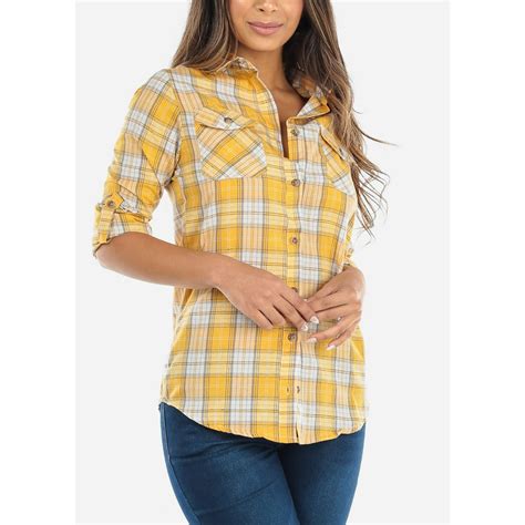 Modaxpressonline Womens 3 4 Sleeve Shirt Button Up Flannel Plaid Yellow White Top 40012e