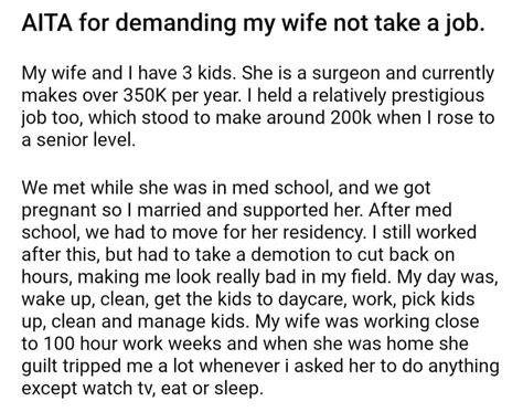 aita for demanding my wife not take a job