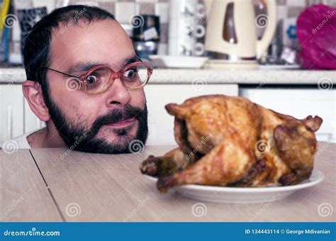 Funny Hungry Man Looking On Chicken Stock Photo Image Of Happy Male