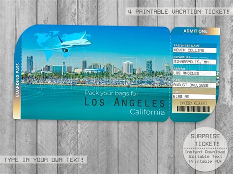 Los Angeles Trip Ticket Printable Boarding Pass Surprise Etsy