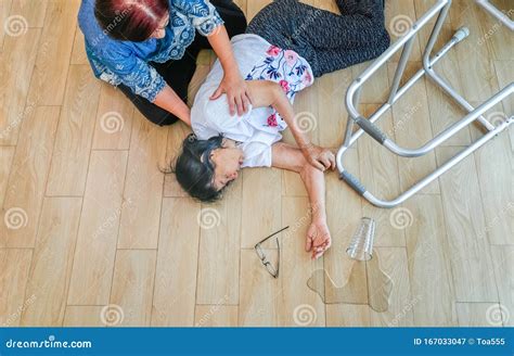 Elderly Woman Falling Down At Home Hearth Attack Stock Image Image