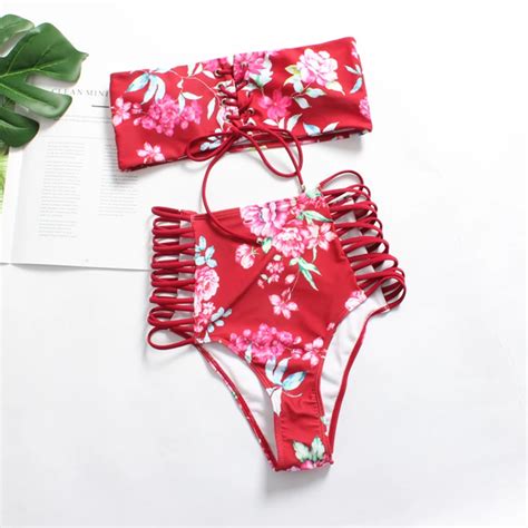 Sexy Strapless Lace Up Bikinis Suit Colorful Printing Floral Two Piece