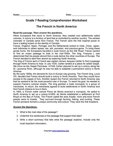 Comprehension English Worksheets Grade 7 Reading Worksheets Seventh