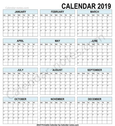 2019 Calendar One Page 2019 Calendar First Page Calendar