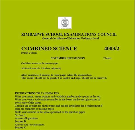 Zimsec O Level Combined Science November 2019 Past Exam Paper 2 Pdf