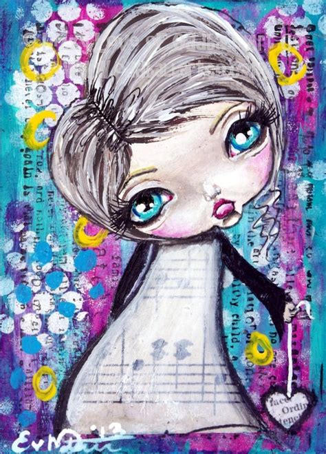 Big Eyed Art Whimsical Mixed Media Girl Fine Art Giclee Print Signed By
