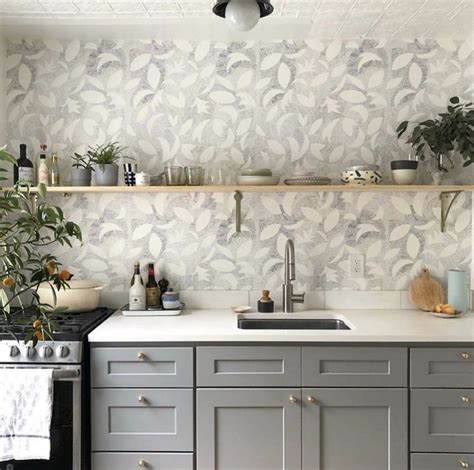 Dotted Leaves Wallpaper In Gray Lilac Kitchen Wallpaper Powder Room