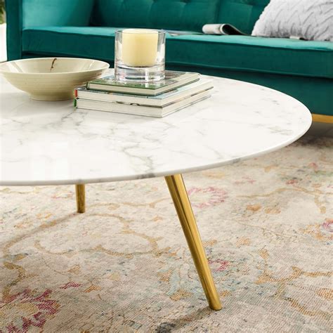 Tulip 40 Round Artificial Marble Coffee Table With Tripod Base Gold