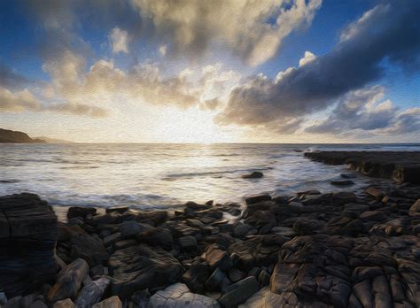 Beautiful Seascape At Sunset With Dramatic Clouds Landscape Digital