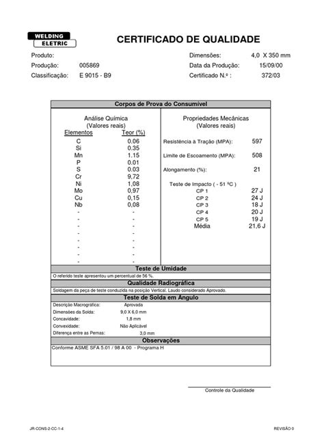Certificado De Qualidade 372 03 Pdf Química Materiais