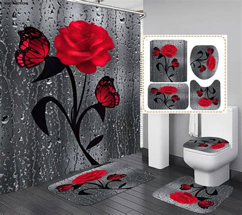 Red Rose Shower Curtain Set With Hooks Included Roses Bath Etsy