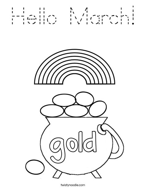 From silly leprechauns, a pot of gold, shamrocks, four leaf clovers, pretty tulip flowers, rainbows, and more. Hello March Coloring Page - Tracing - Twisty Noodle