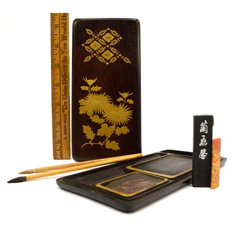 Vintage Suzuribako Japanese Writing Box Original Contents Gold On Lacq
