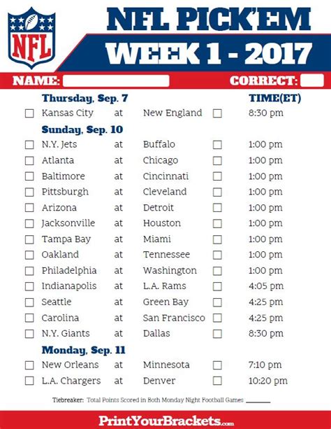 Nfl Week 1 Pickem Sheet In Color Nfl Week Nfl Week 1 Printable Nfl