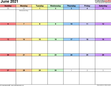 June 2021 Calendars For Word Excel And Pdf