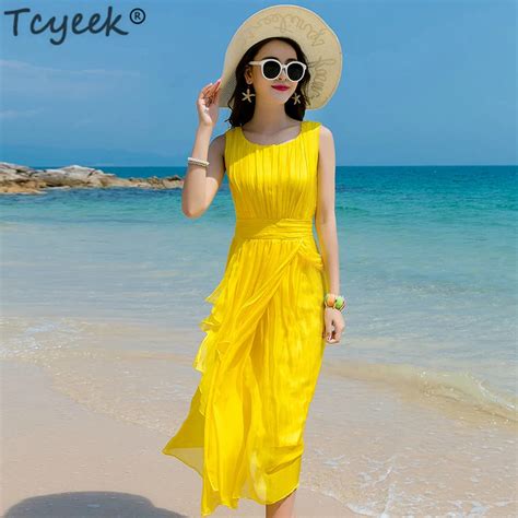 Tcyeek Summer Beach Dress Women Long Party Dress Yellow Vestidos Sleeveless Silk Elegant Dresses