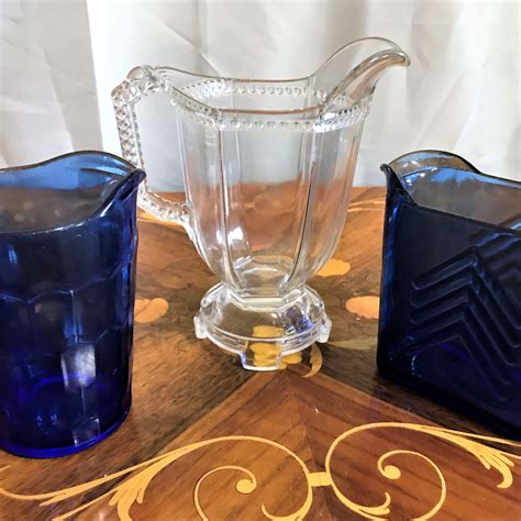 Three Vintage Creamers Cobalt Blue Clear Glass Etsy