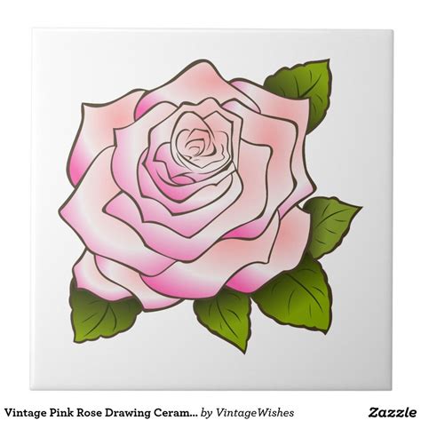 Vintage Pink Rose Drawing Ceramic Tile Rose Drawing